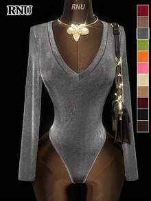 RNU 女士简约 V 领弹力修身衬衫，休闲俱乐部商务休闲音乐会服装，办公室穿着，复古风格，纯色罗纹针织面料，高弹力超柔软舒适，修身性感，适合日常、派对、街头、度假、约会等场合，新款春夏秋冬长袖连体衣 - 深灰色 - 查看 11