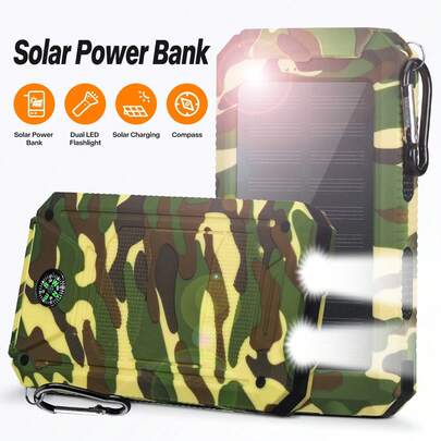 Fast Charging Camouflage Pattern 20000mAh Solar Charger Power Bank Portable Power Bank With Type-C & Dual USB Ports, For Cell Phones, LED Flashlight, Carabiner, Waterproof Solar Panel For Camping, Outdoor Spring Gift