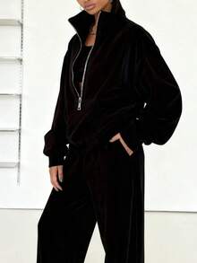 Women's Oversized Half Zip Tracksuit High Neck Loose Fit Sweatshirt And Wide Leg Pants Set Women's Casual Oversized 2 Piece Tracksuit Half Zip High Neck Sweatshirt And Wide Leg Pants Loungewear Cozy Must-Have! Women's Oversized Half Zip Tracksuit High Neck Loose Fit Sweatshirt & Pants Stylish & Comfortable: Women's Oversized 2 Piece Half Zip Tracksuit High Neck Sweatshirt Outfit - 黑色 - 查看 3