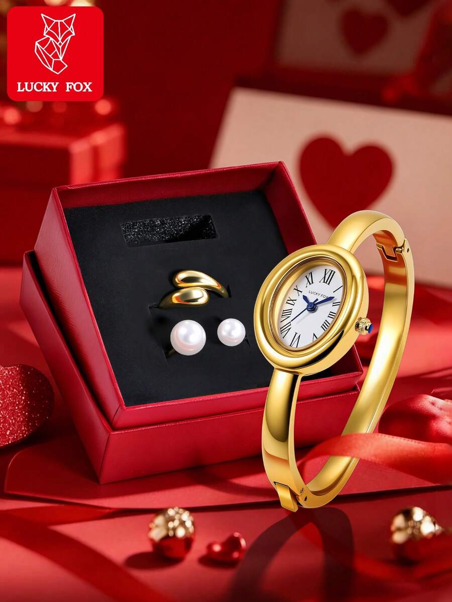 1 Set LUCKYFOX Quartz Bracelet Watch With Pearl Earrings And Ring, Minimalist Casual Retro Business Style Zinc Alloy Watch, Luxury Gift Set With Greeting Card, Suitable For Holidays, Valentine's Day Gifts - Gold - View 1