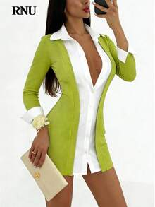 RNU Camisa polo feminina verde e branca com decote em V contrastante, tecido elástico, modelagem slim, ideal para ocasiões casuais, baladas, eventos corporativos, shows, escritório e outras ocasiões. Estilo retrô, tecido canelado liso, alta elasticidade, super macio e confortável, caimento perfeito para a pele. Perfeita para o dia a dia, festas, passeios, viagens e encontros. Nova camisa polo curta de manga comprida para primavera, verão, outono e inverno. - Verde - Ver 8