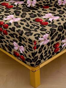 3件套豹纹樱桃图案床上用品（1个床笠+2个枕套，不含枕芯），蝴蝶印花防滑床罩，少女风蝴蝶印花床上用品，柔软亲肤 - 彩色 - 查看 6