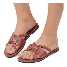 2026 New Women's Flip Flops, Summer Fashion Flat Sandals, Featuring Woven Strap And Buckle Design, Stylish And Elegant. Comfortable And Versatile, Suitable For Beach And Casual Daily Wear. Made Of Genuine Leather, Size Range 36-43. - Brown - View 13