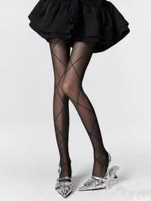 1 Pair Black/White/Beige/Grey Thin Metallic Criss-Cross Fishnet Stockings, Sexy For Spring/Summer - Multicolor - View 14