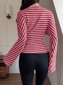 Minimalist Premium Color-Block Striped Cinched Waist Daily Date Street Party Women's Long Sleeve Top With Flared Loose Sleeves - Rusty Rose - View 5