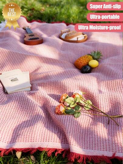Red Plaid Picnic Blanket With Tassels, Portable Foldable Waterproof Non-Slip, Suitable For Spring Camping, Outdoor, Park, Beach, Family, Hiking, Music Festival, Picnic, Weekend Activities