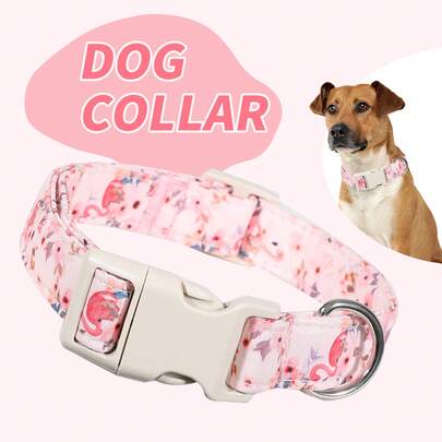 1pc Adjustable Cartoon Flamingo Pattern Pet Collar, With Flamingo Design, Simple Buckle And Durable Polyester Material, Suitable For Small To Large Dogs, For Indoor And Outdoor Use