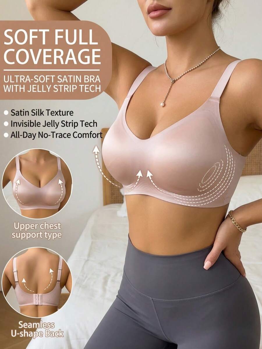 Women's Wireless Bra, Satin Sheen Seamless Underwear, Breathable Lightweight & Comfortable, Jelly Strip Support - Pink - View 1