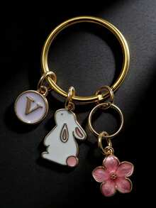 Customizable Initial Spring Sakura Set Keychain, Pink Flower Rabbit Pendant, Forest Fairy Style Keyring, Unisex Car Key Chain For Daily And Holiday Accessories - White Rabbit + Pink Flower - View 6
