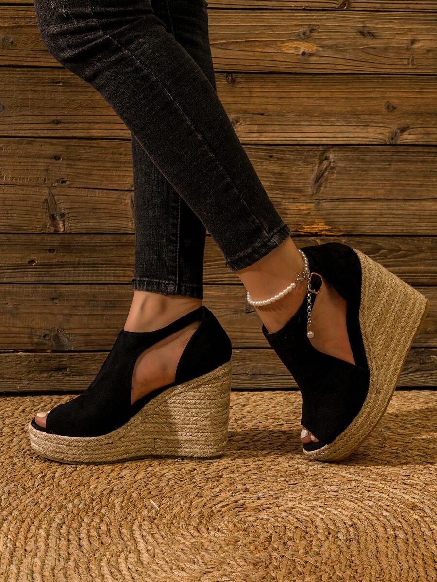 Velvet Fashion Button Closure Jute Rope Stylish Lightweight Wedge Heel Women Shoes
