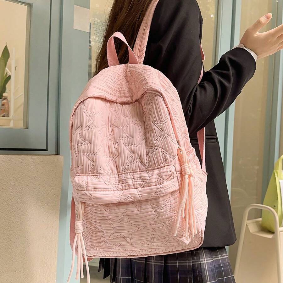 Fashionable Star Print Solid Color Backpack, Minimalist Versatile Large Capacity Multi-Function For Outdoor & School - Multicolor - View 1