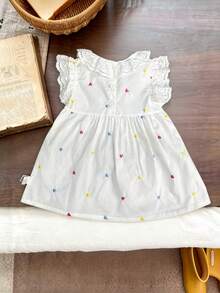 女婴夏季公主裙，撞色蕾丝花袖爱心刺绣连衣裙 - 白色 - 查看 4