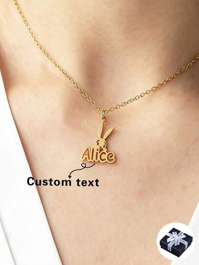 1pc Personalized Hollow Name Rabbit Necklace, Easter Gift, Suitable For Daily Wear And Gift Giving, Thanksgiving, Decoration, Letter, Fashion, Cute, Casual Occasions, Customized, Unique, Ideal Gift For Him Or Her, Fashionable Accessory For Teenagers, Comfortable And Convenient To Wear, Back To School Item