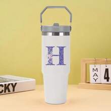 30oz Water Bottles Stainless Steel Insulated Tumbler With Carry Handle Double Walled Leak Proof Fits Most Cup Holder Water Cup With Lid And Straw For Gym Home Office Travel A-Z Letters Purple Flower Pattern - Multicolor - View 32