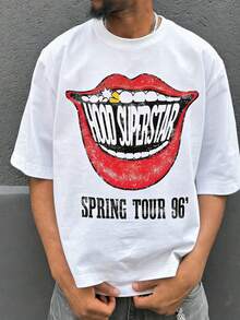 FRACTYR 男士红色嘴唇印花休闲街头宽松圆领图案T恤，夏季款 - 白色 - 查看 1