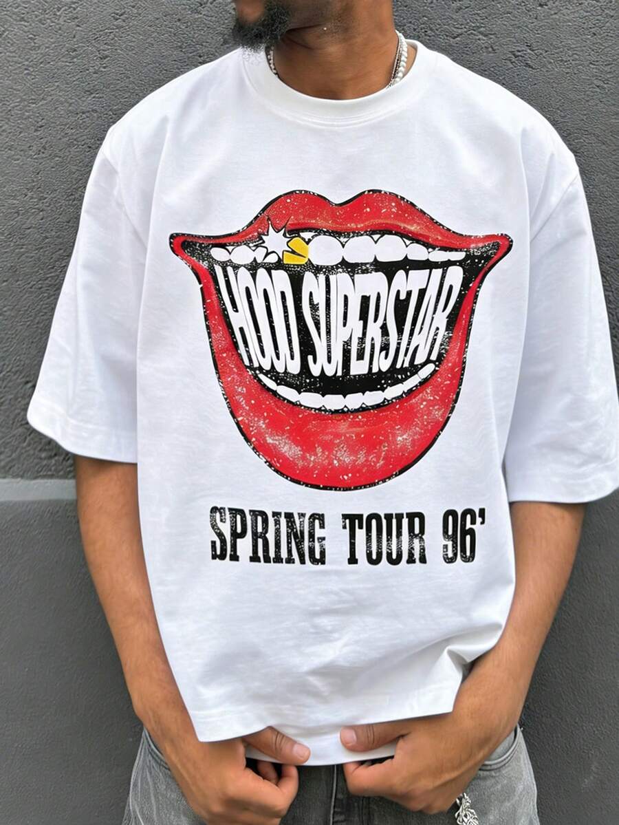 FRACTYR 男士红色嘴唇印花休闲街头宽松圆领图案T恤，夏季款 - 白色 - 查看 1