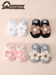4 Pairs Baby/Toddler Girls' Cute Floral Decorated Socks, Solid Color Non-Slip Bottom Ankle Socks, Versatile For All Seasons - Multicolor - View 11