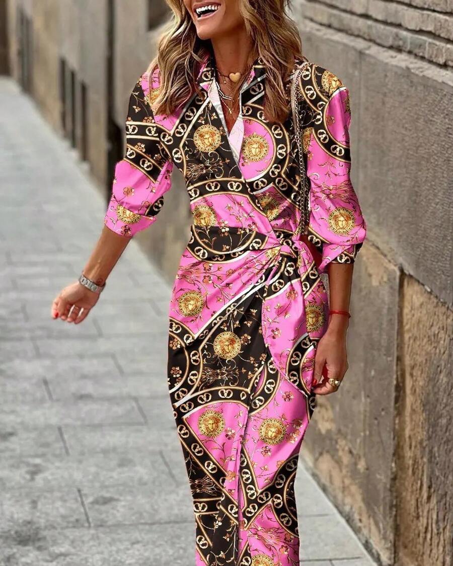2026 European And American Women's Fashion New Product: Stylish Printed Shirt-Collar Tie-Waist Mid-Length Striped Dress - 11# - 查看 1