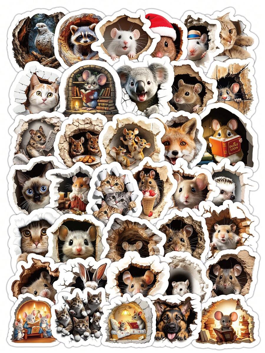 53 Pcs Peeking Animals Stickers – 3D Visual Effect "Breaking Through Wall", Realistic Cute Pets, Waterproof For Journals, Scrapbooking, Water Bottle, Laptop, Phone Case, Stationery & Gift Wrapping Scrapbook Supplies Funny Stickers Kindle - Probing Small Animals - View 1