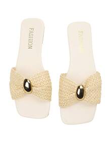 1双编织金属扣休闲平底凉鞋，适合夏季海滩穿着 - 米色 - 查看 6