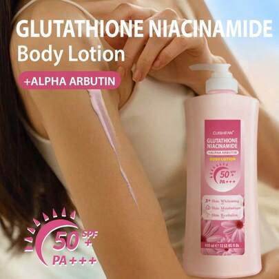 400毫升谷胱甘肽和烟酰胺身体乳，SPF50+，含α-熊果苷，美白保湿，滋养肌肤，提升肌肤紧致度，令肌肤细腻柔滑。