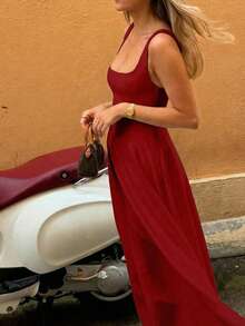 Floreya Solid Color Casual Elegant Woven Fabric Zipper Dress, Suitable For Evening Dates, Holidays, Weddings, Spring/Summer Red - Red - View 2