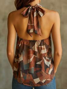 Bohemian Style Geometric Print Backless Camisole, Suitable For Summer Vacation Outfit, New Women's Summer Multicolor Print Vacation Style Dopamine Spaghetti Strap Tie Design Fashion Elegant Sexy Versatile Backless Women's Camisole Casual - Multicolor - View 2