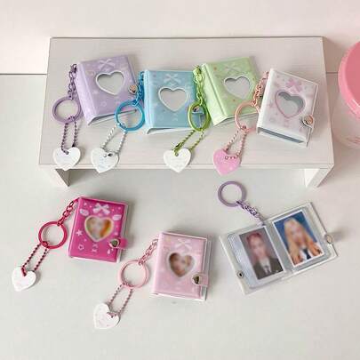 2-Inch Mini Keychain Photo Album With Cute Bow And Heart Stickers, Holds 32 Photos, Great Gift For Friends
