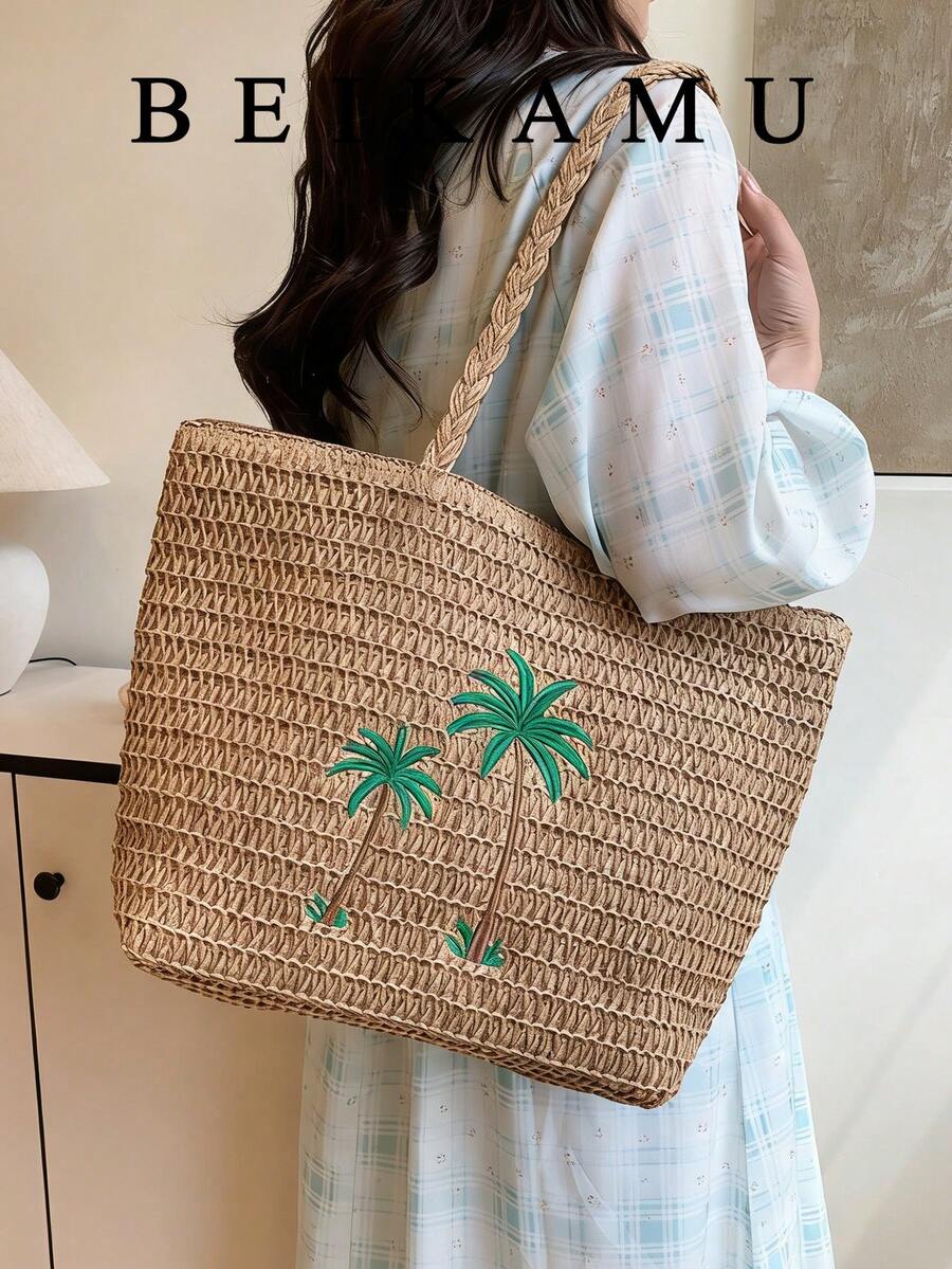 Bolso de mano de gran capacidad con diseño de árbol de coco tejido BEIKAMU, estilo casual para vacaciones y uso diario para mujeres - Caqui - Ver 1