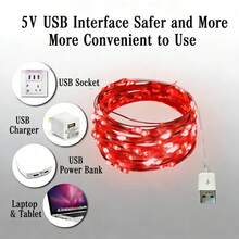 1 包红色 5V USB LED 灯串 | 柔性铜线 | 2-10 米 | 即插即用 | 低电压 | 适用于圣诞节、情人节、卧室、派对和婚礼装饰 - 紅光 - 查看 4