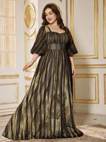 SUPGIR 【随机裁剪】方领灯笼袖褶皱胸部雪纺腰部喇叭下摆优雅晚礼服 - 棕色 - 查看 6