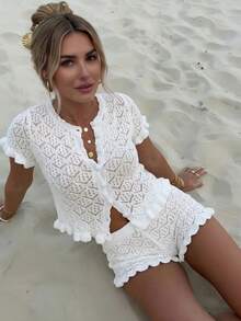 Bộ 2 món đồ nữ mùa hè, áo khoác cardigan không tay khoét lỗ gợi cảm kèm quần short - Bộ 2 món đồ nữ đi nghỉ mát, đồ len móc khoét lỗ gợi cảm ôm sát người. - trắng - Xem 1