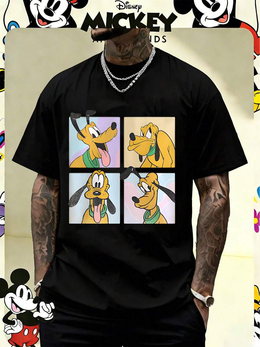 Disney Official Licensed Pluto "4-Panel Expressions" Graphic T Shirts 100 Percent Cotton  Shirt Washed 220g Unisex - 黑色 - 查看 1