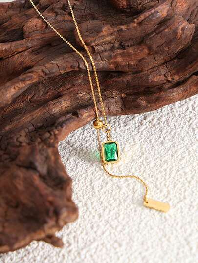 1pc Adjustable Pull Tassel Stainless Steel Vacuum Plated Gold Baby Green Zirconia Necklace, Women Accessories, Suitable For Daily Wear, Niche Gift