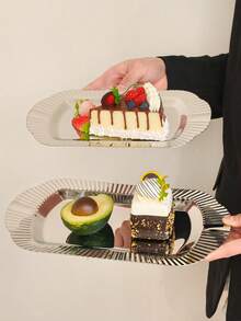 1件套欧式长方形不锈钢条纹边托盘，下午茶蛋糕水果盘，甜点盘，家用餐桌托盘 - 銀色 - 查看 8