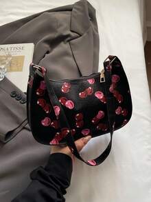 时尚樱桃图案新月形女包，简约百搭单肩包，适合购物、商务、通勤、户外活动、旅行、日常使用。 - 黑色 - 查看 1