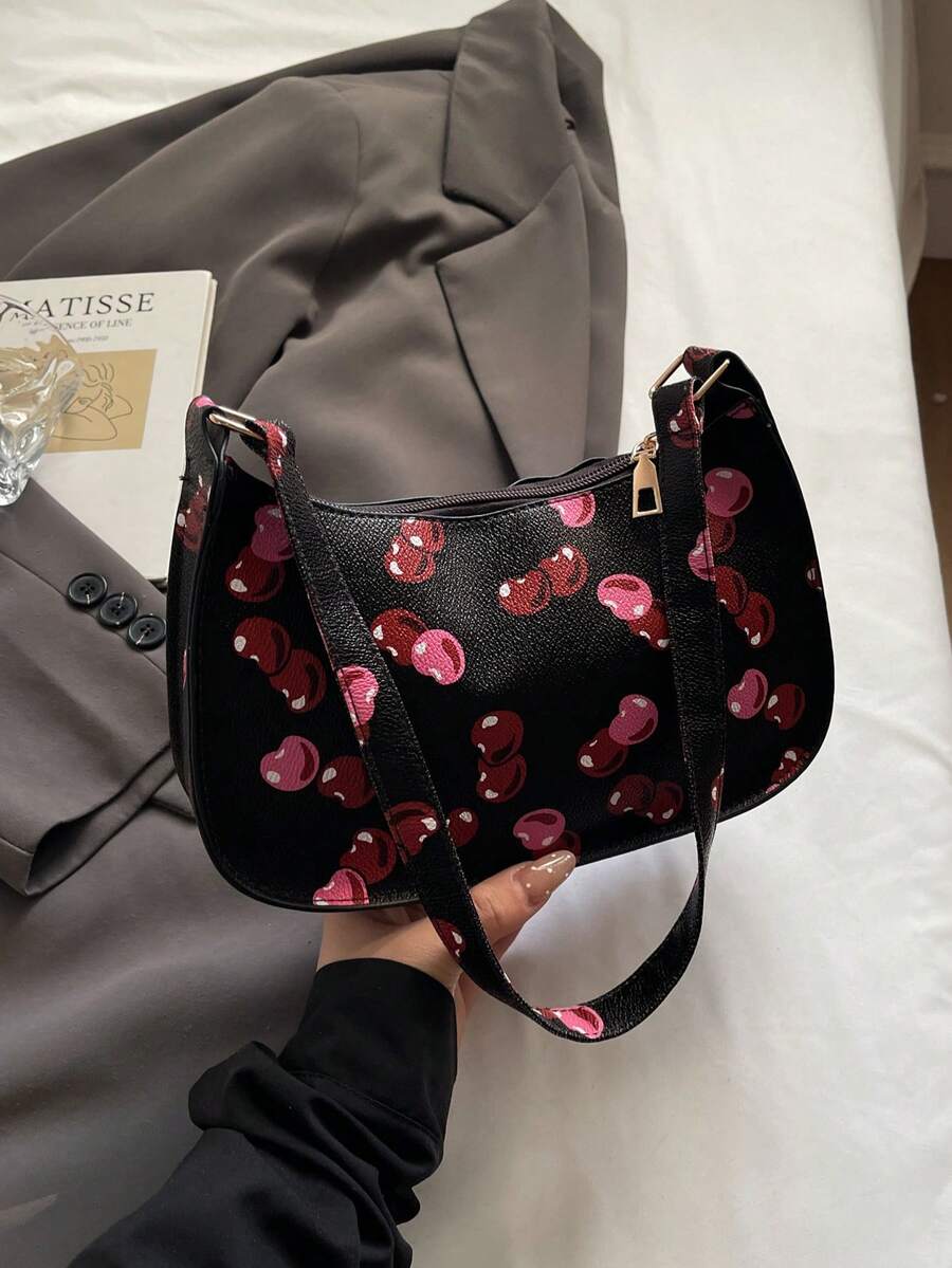 时尚樱桃图案新月形女包，简约百搭单肩包，适合购物、商务、通勤、户外活动、旅行、日常使用。 - 黑色 - 查看 1