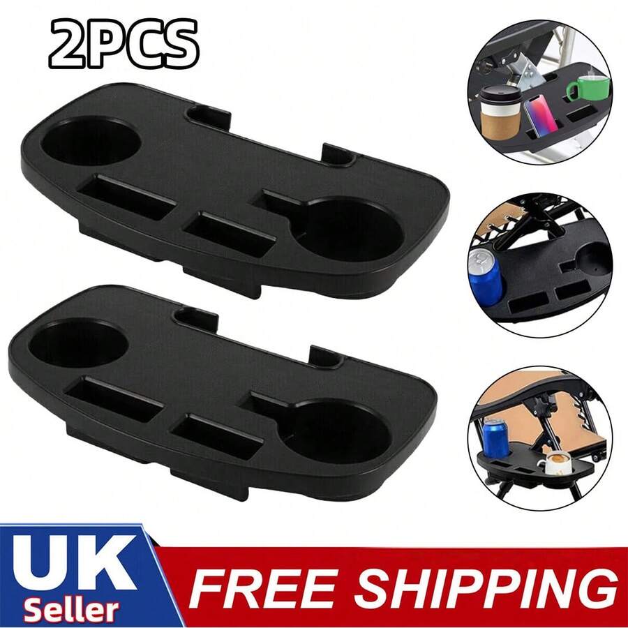 2PCS Clip On Camping Chair Side Table Cup Holder & Phone Storage Tray Outdoor UK - Black - View 1