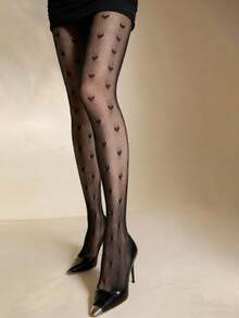 1双黑色渔网袜，心形提花性感爱心图案，日常穿着 - 彩色 - 查看 4