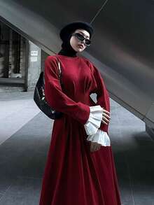 1pc Ruffle Cuff Knit Dress, Suitable For Daily Gatherings, Dates, Commuting, Autumn/Winter Spring - Red - View 5