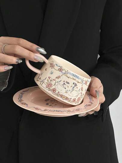 1pc Floral Swan Pattern Coffee Cup & Saucer Set, Suitable For Office, Cafe, Home Use, Milk Cup, Coffee Cup, Breakfast Cup, Oatmeal Cup, Juice Cup, Latte Cup, Exquisite Gift, Holiday Gift, Eid, Valentine's Day, Christmas, Thanksgiving