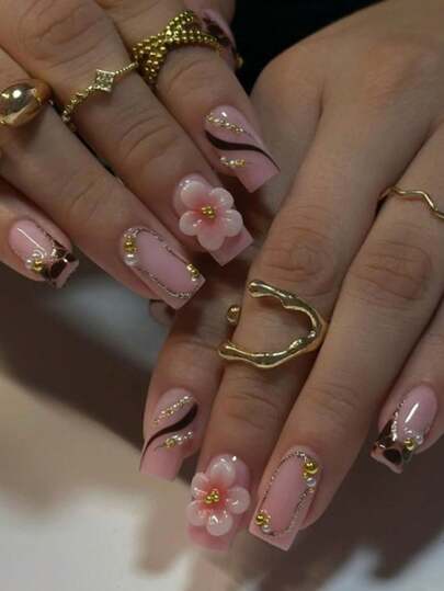 24片长方形3D凝胶美甲贴纸，打造时尚金属闪光条纹凝胶花卉珍珠装饰美甲，豹纹法式亚克力美甲套装，包含凝胶指甲油和指甲锉，易于涂抹，适合所有女性