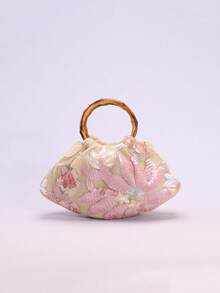 SCULPTEDSTYLE BAGS 1pc Colorful Floral Sequin Contrast Mesh Leaf Pattern Vacation Style Bamboo Handle Tote Bag, Linen Bottom, Suitable For Summer Beach Leisure (Sequin Floral Pattern Randomly Distributed) - Multicolor - View 3