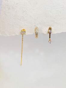 3件套迷你圆形锆石耳环套装，适合女性和女孩佩戴，可叠戴，14K金链吊坠夹式耳钉，浪漫锆石穿孔耳环，日常佩戴和派对皆宜 - Gold 2# - 查看 4