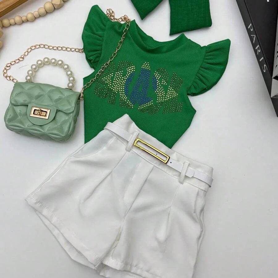 Girls' Outfit Set: Brazil Blouse, Shorts, World Cup Look - Áo sơ mi xanh - Xem 1