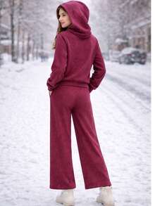 Girls' Winter Outfit With Hood And Wide Leg Pants – Comfortable, Warm, And Stylish ❄️ - Màu Hồng Tươi - Xem 2