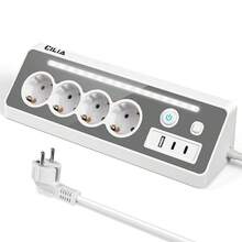 CILIA 1pc 7-Outlet Surge Protector With 4 AC Outlets, 1 USB Type-A, 2 USB Type-C, Extension Cord, Power Switch And Indicator Light, UL Certified, Available In White And Black - EU E Type Plug(220-240V) - View 9