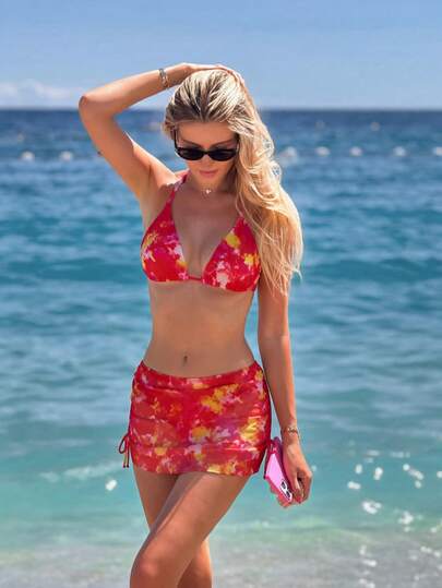 2026 女士高饱和度扎染图案挂脖比基尼套装，时尚性感度假风三件套泳衣，带抽绳裹身裙，适合海滩和水疗休闲