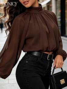 DONICY Blusa curta feminina castanha transparente com gola alta e mangas lanterna, top elegante para primavera e outono, escritório e casual - Castanho Café - Ver 6