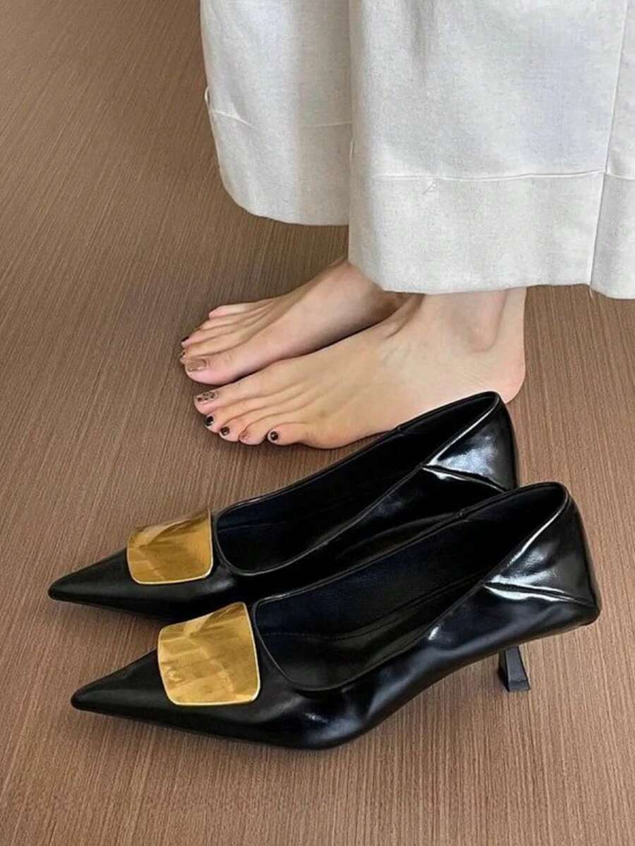 优雅基础款中性色PU皮革搭扣户外高跟鞋 - 黑色 - 查看 1